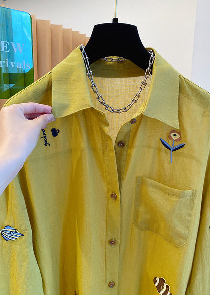 Peter Shirt Yellow Collar Natural Cotton Pan Embroidered Tops FashionChic