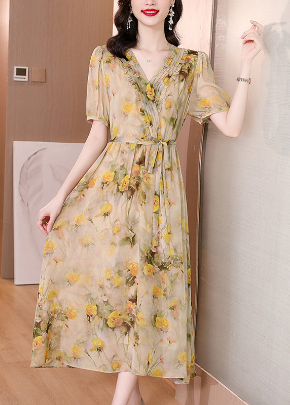 Natural Yellow V Neck Print Lace Up Silk Dress Summer BB023 Hawaii-SDL240622