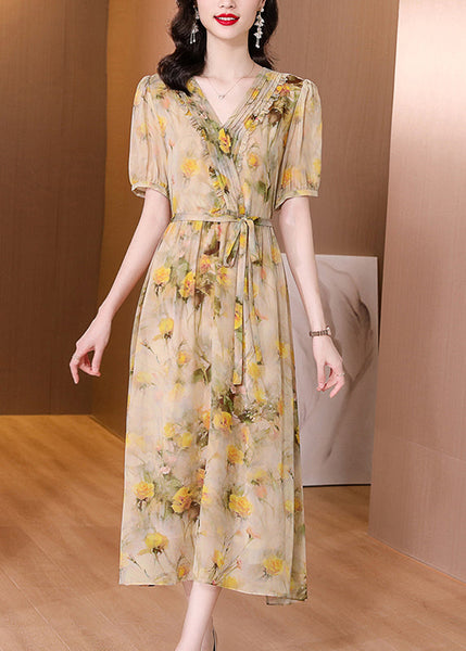 Natural Yellow V Neck Print Lace Up Silk Dress Summer BB023 Hawaii-SDL240622