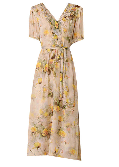 Natural Yellow V Neck Print Lace Up Silk Dress Summer BB023 Hawaii-SDL240622