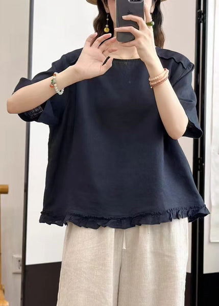 Neck Navy Button Blouse Solid O Linen Tops Summer FashionChic