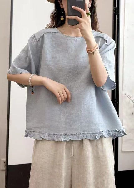 Neck Navy Button Blouse Solid O Linen Tops Summer FashionChic