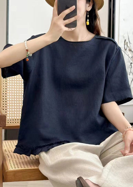 Neck Navy Button Blouse Solid O Linen Tops Summer FashionChic