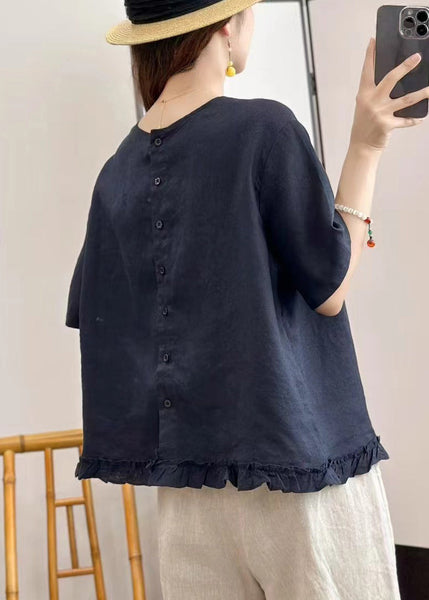 Neck Navy Button Blouse Solid O Linen Tops Summer FashionChic