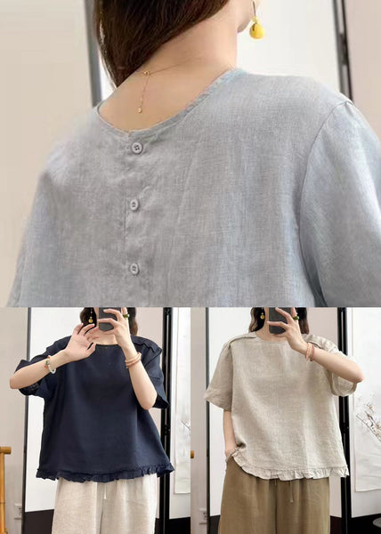 Neck Navy Button Blouse Solid O Linen Tops Summer FashionChic