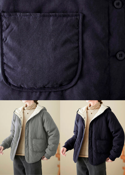 Navy Fine Cotton Filled Loose Hooded Jacket Pockets Button Spring TI008