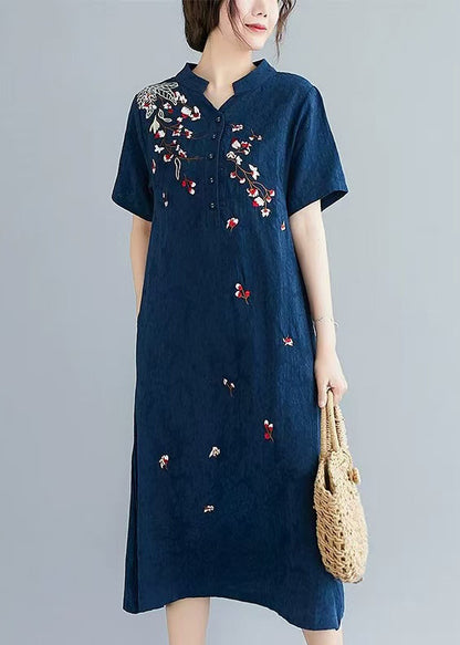 Linen Embroidered Summer Mid Navy Jacquard Dresses FashionChic