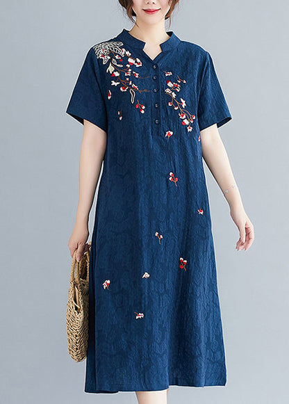 Linen Embroidered Summer Mid Navy Jacquard Dresses FashionChic