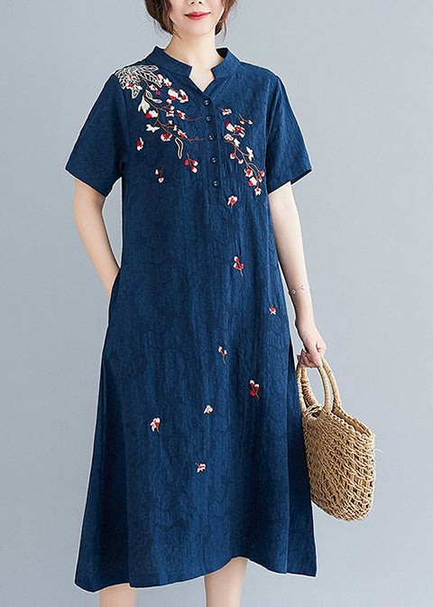 Linen Embroidered Summer Mid Navy Jacquard Dresses FashionChic