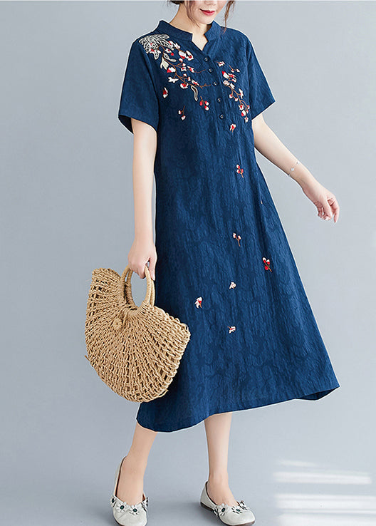 Linen Embroidered Summer Mid Navy Jacquard Dresses FashionChic