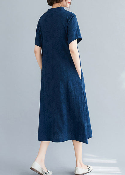 Linen Embroidered Summer Mid Navy Jacquard Dresses FashionChic