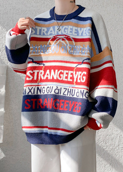 Navy Letter Patchwork Knit Men Sweater O Neck Winter RC033 ABC