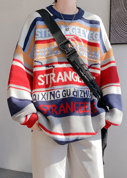 Navy Letter Patchwork Knit Men Sweater O Neck Winter RC033 ABC