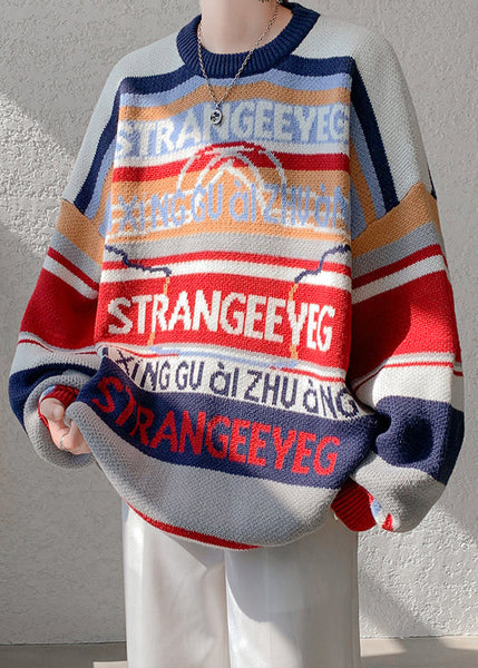 Navy Letter Patchwork Knit Men Sweater O Neck Winter RC033 ABC