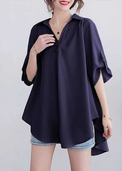 Collar Tops Navy Summer Cotton Peter Pan Loose FashionChic