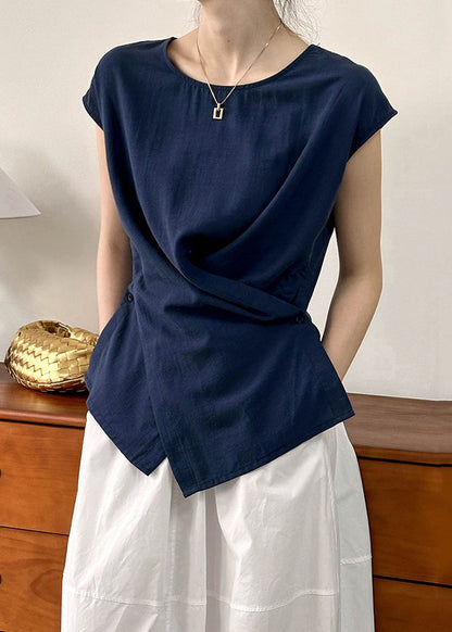 Navy O-Neck Asymmetrical Top mmer QE057 HS-STP240925