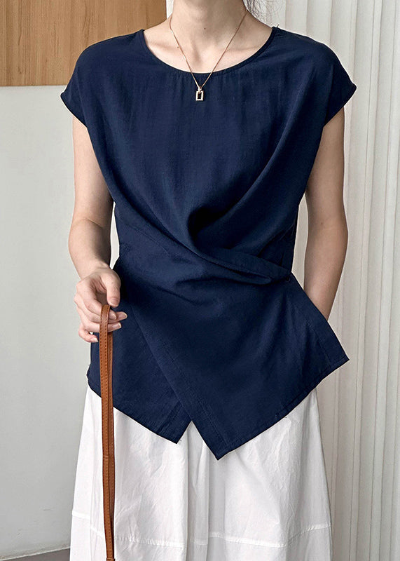 Navy O-Neck Asymmetrical Top mmer QE057 HS-STP240925