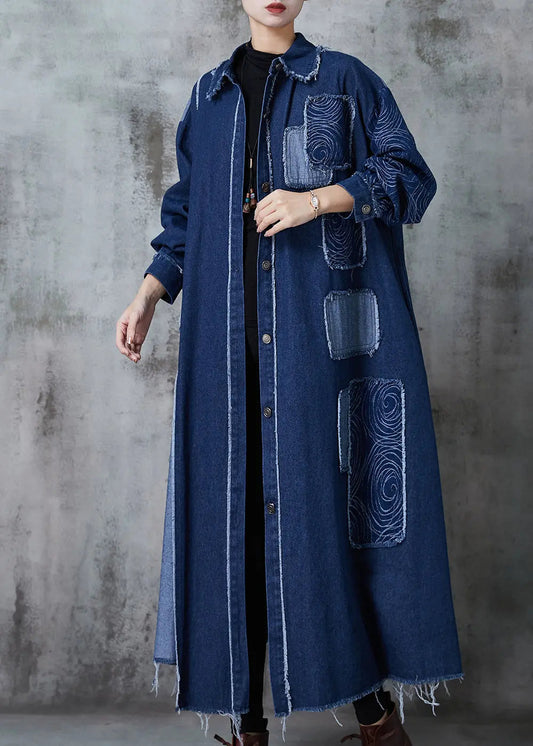 Navy Patchwork Applique Denim Trench Oversized Spring Ada Fashion