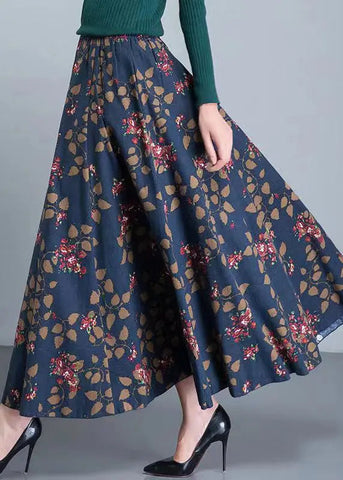 Navy Pockets Patchwork Loose Cotton Skirt Elastic Waist Ada Fashion