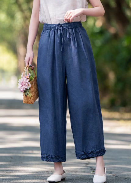 Elastic Linen Ruffled Pockets Waist Navy Crop Summer Pants FashionChic
