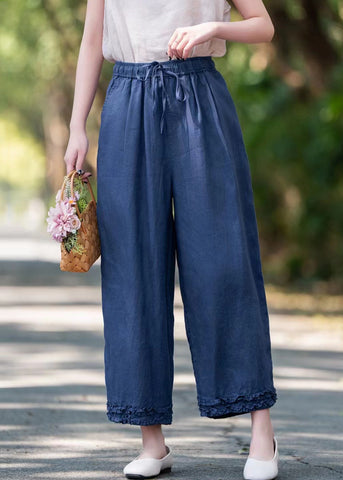 Elastic Linen Ruffled Pockets Waist Navy Crop Summer Pants FashionChic