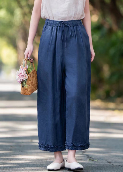 Elastic Linen Ruffled Pockets Waist Navy Crop Summer Pants FashionChic