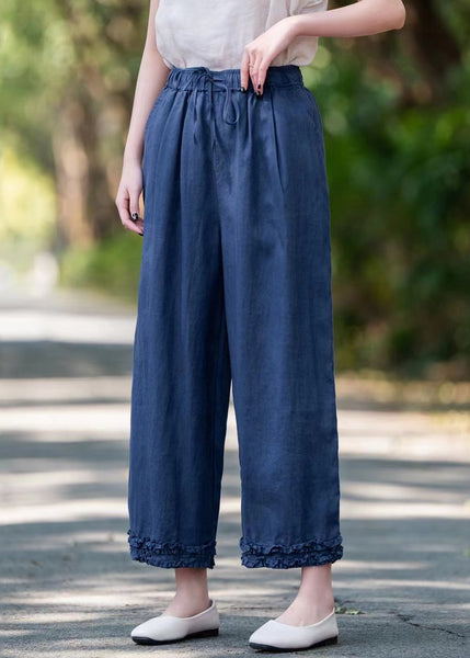 Elastic Linen Ruffled Pockets Waist Navy Crop Summer Pants FashionChic