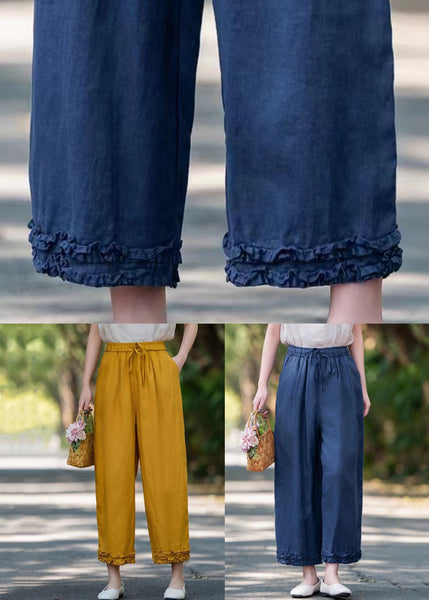 Elastic Linen Ruffled Pockets Waist Navy Crop Summer Pants FashionChic