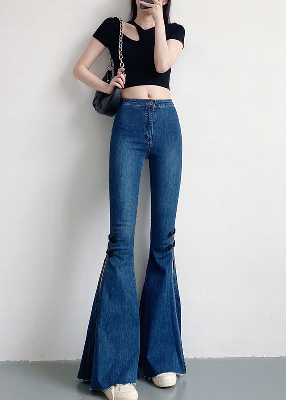 Navy Silm Fit Denim Bell-bottom Trousers Chinese Button Side Open Spring YF020 ABC