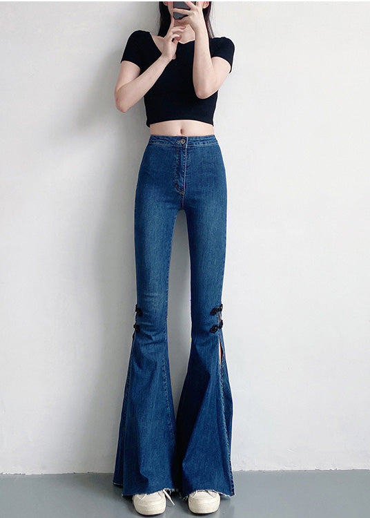 Navy Silm Fit Denim Bell-bottom Trousers Chinese Button Side Open Spring YF020 ABC