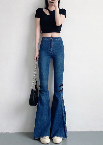 Navy Silm Fit Denim Bell-bottom Trousers Chinese Button Side Open Spring YF020 ABC