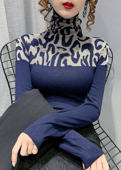 Spring Slim Cotton Navy Patchwork Top Fit Turtleneck FashionChic