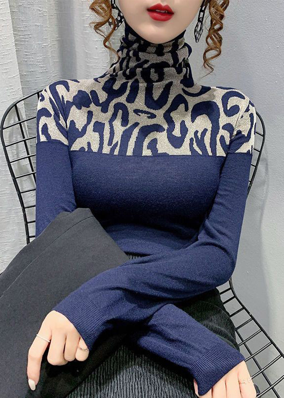 Spring Slim Cotton Navy Patchwork Top Fit Turtleneck FashionChic