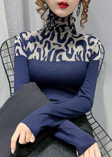 Spring Slim Cotton Navy Patchwork Top Fit Turtleneck FashionChic