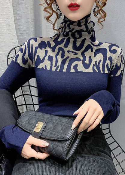 Spring Slim Cotton Navy Patchwork Top Fit Turtleneck FashionChic