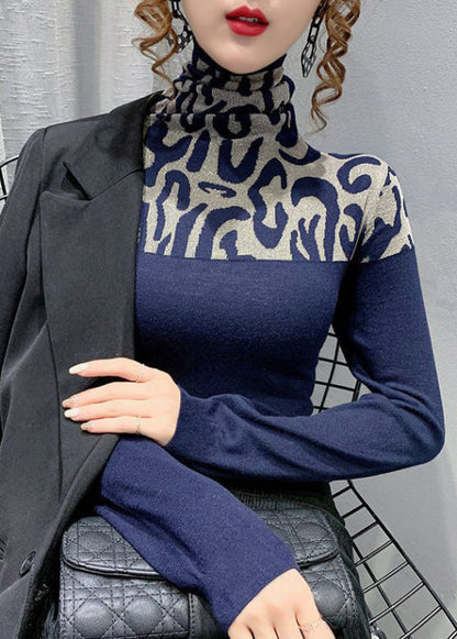 Spring Slim Cotton Navy Patchwork Top Fit Turtleneck FashionChic