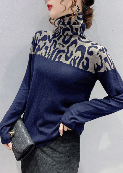 Spring Slim Cotton Navy Patchwork Top Fit Turtleneck FashionChic