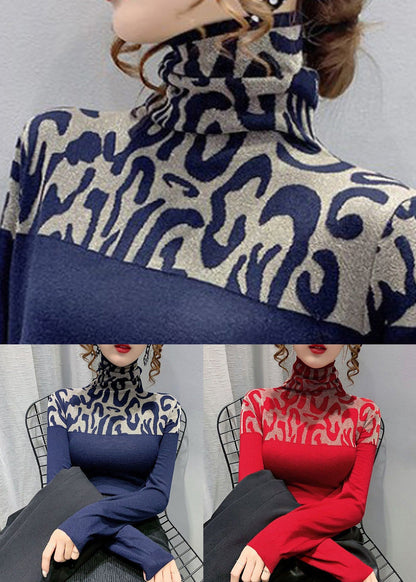 Spring Slim Cotton Navy Patchwork Top Fit Turtleneck FashionChic