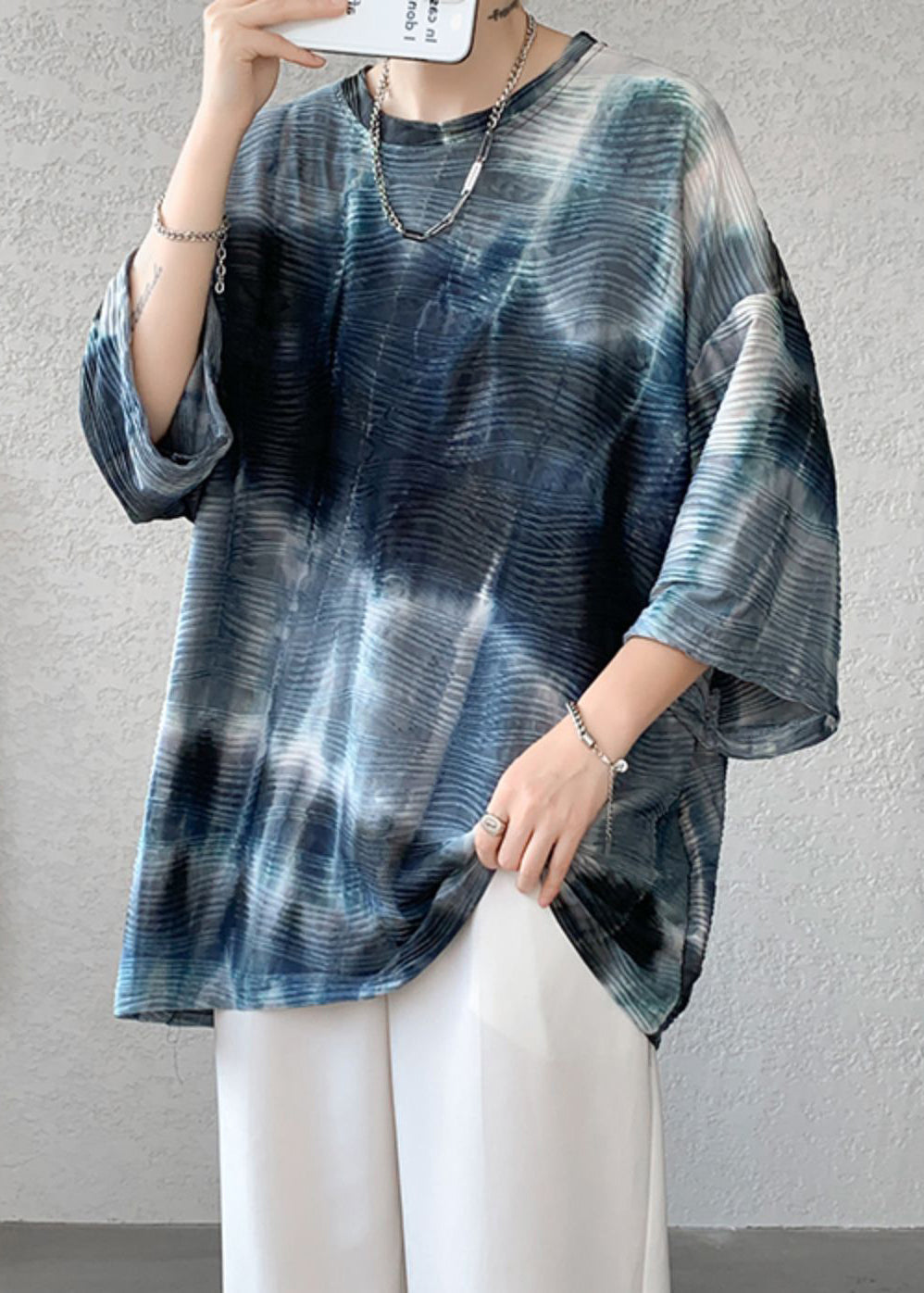 Dye T Sleeve Bracelet Silk O Ice Navy Loose Shirt Tie Mens Neck FashionChic