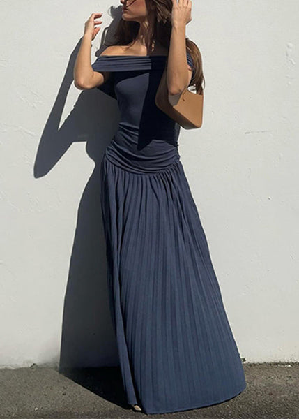 Navy Wrinkled Solid Long Dresses Slash Neck Summer YZ071 ABC