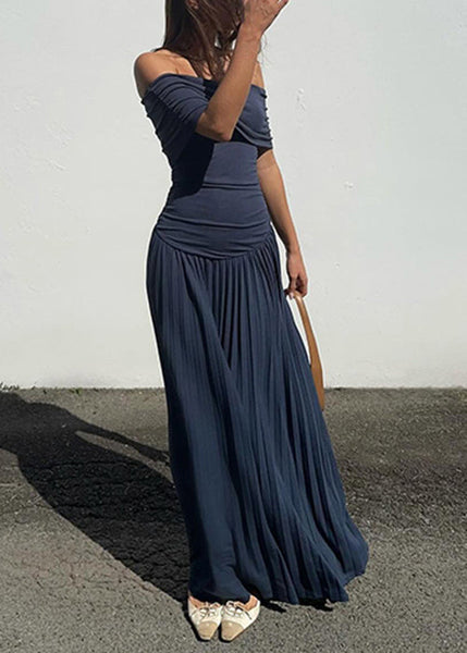 Navy Wrinkled Solid Long Dresses Slash Neck Summer YZ071 ABC