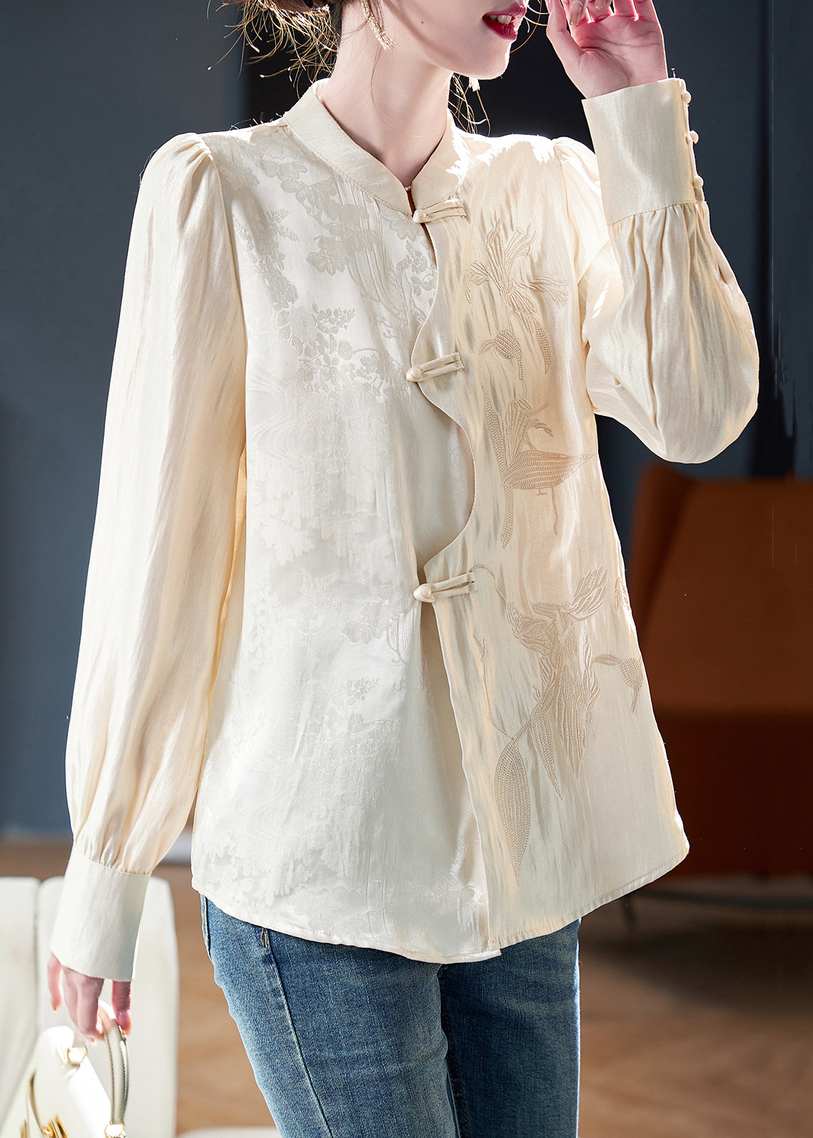 New Apricot Embroidered Button Cotton Shirt Long Sleeve Ada Fashion