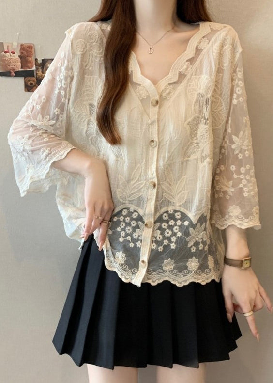Cotton Embroidered Button Sleeve New Bracelet Shirts Apricot FashionChic