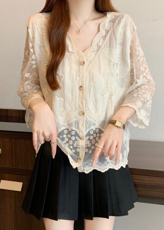 Cotton Embroidered Button Sleeve New Bracelet Shirts Apricot FashionChic