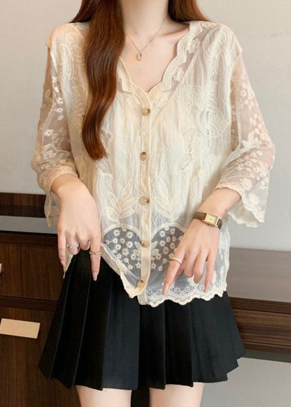 Cotton Embroidered Button Sleeve New Bracelet Shirts Apricot FashionChic