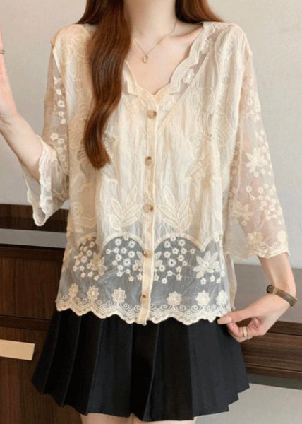 Cotton Embroidered Button Sleeve New Bracelet Shirts Apricot FashionChic
