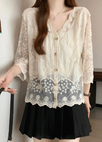 Cotton Embroidered Button Sleeve New Bracelet Shirts Apricot FashionChic