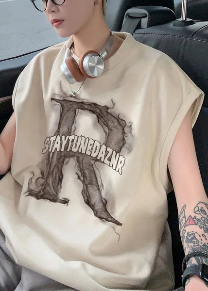 Print Tank Apricot Letter Men Sleeveless Cotton Oversized New FashionChic