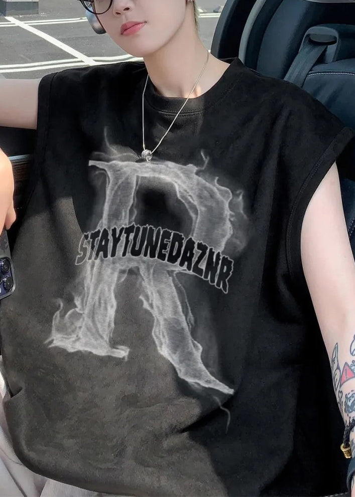 Print Tank Apricot Letter Men Sleeveless Cotton Oversized New FashionChic