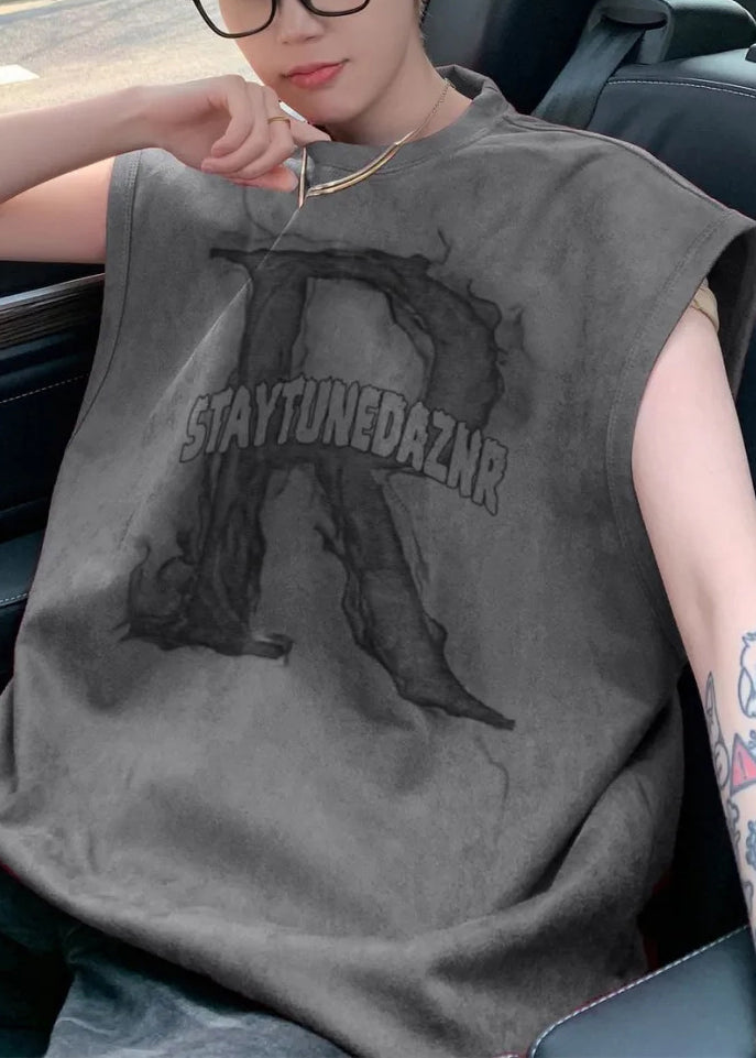 Print Tank Apricot Letter Men Sleeveless Cotton Oversized New FashionChic